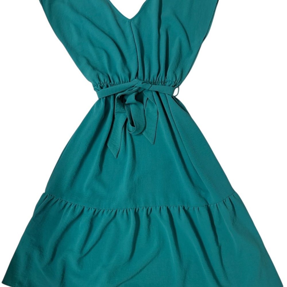 Teal V-Neck Midi Dress with Waist Tie - Picture 2 of 6